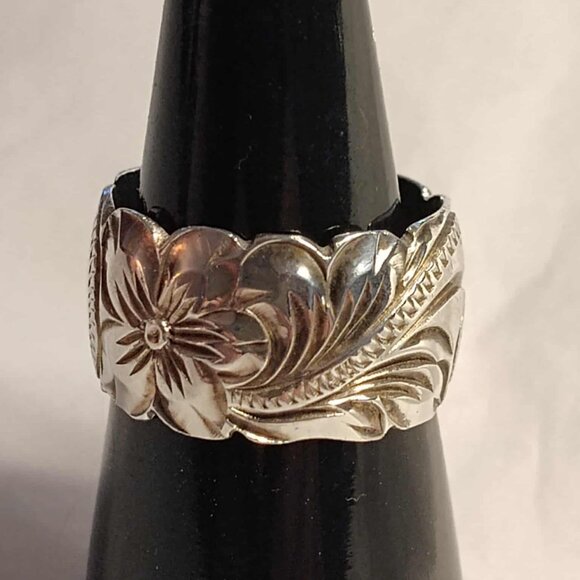 Sterling Silver 925 Plumeria Flower Scroll Band Ring Sz 7 - Picture 5 of 12
